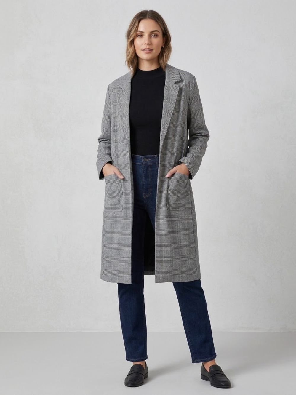 Promesa Plaid Open-Front Longline Duster Blazer / Trench Coat